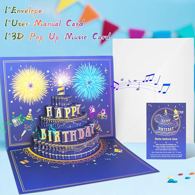 3D Pop Up Birthday Cards, Musical LED Lights Birthday Cards, Greeting Cards, Birthday Gifts for Mom Women Men Kids Child Dad Father Wife