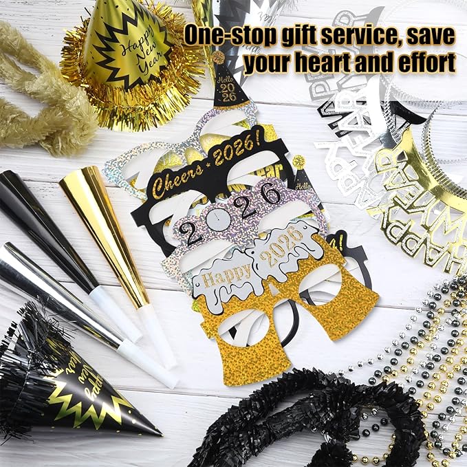 Capoda 384 Pcs New Years Eve Party Supplies 2026 Decorations Kit for 96 Guest with Happy New Year Cone Hat Tiara Headband Glasses Bead Noisemaker Horns Lei Necklace