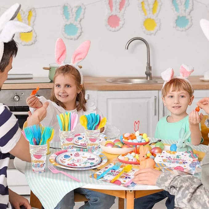 Kochorie 168 Pieces Easter Paper Plates and Napkins Colorful Happy Easter Bunny Egg Party Supplies Include Disposable Paper Plates Cups Napkins Plastic Cutlery for Spring Holiday Party Decor Serves 24