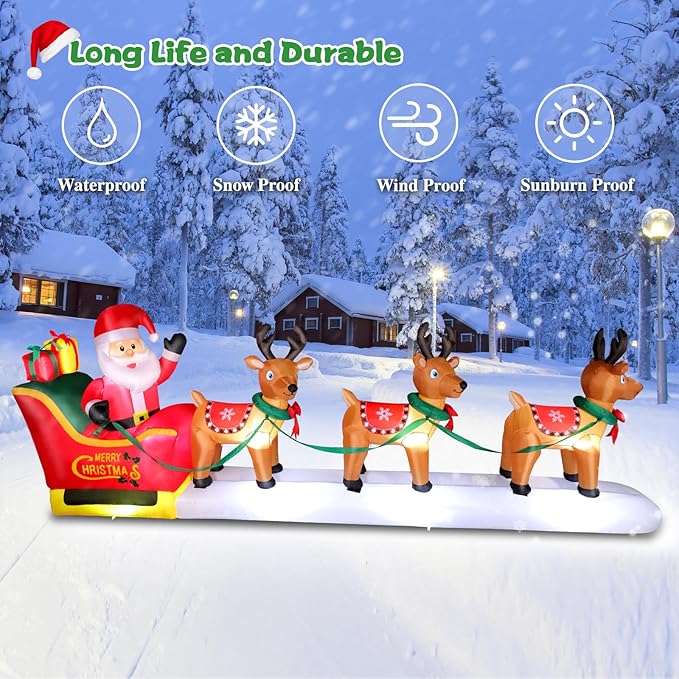 FunFanso 12 FT Christmas Inflatables Santa Claus on Sleigh Outdoor Decorations, Blow Up 3 Reindeers Pulling Santa's Sleigh with Gift Boxes, Built-in LED Lights for Xmas Party Decor Yard Garden Lawn
