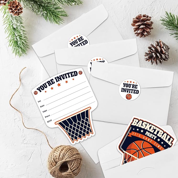 REWIDPARTY Basketball Party Invitations with Envelopes & Stickers（Set of 15） Basketball Birthday Party Shaped Fill-in Invitations Basketball Game Invite Card Basketball Party Supplies for Kids Adults