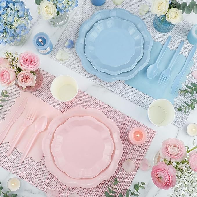 350 Pcs Baby Gender Reveal Party Supplies Include Scalloped Plate Napkin Cup Forks Knives, Light Pink and Light Blue Plastic Cutlery 50 Guest Disposable Party Tableware Set for Baby Shower