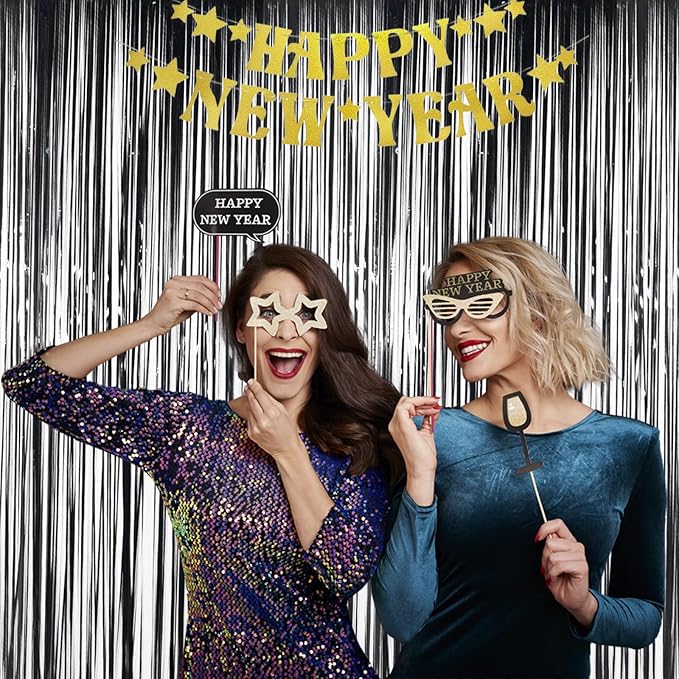 Melsan Black Tinsel Backdrop Streamers, Black Foil Fringe Curtains 3.2 ft x 8.2 ft for Halloween New Year Graduations Birthday Party Photo Booth Props Decorations, 2 Pack