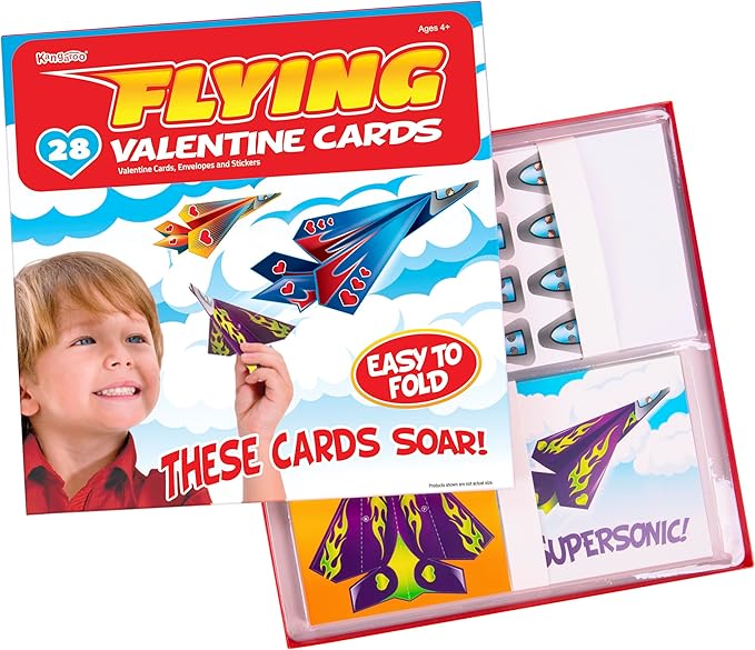 Kangaroo 28 Pack Flying Paper Airplanes Valentines Day Cards for Boy & Girl with Envelopes & Stickers - Valentines Day Cards for Kids School - Valentine Bulk Party Favors Classroom Gift