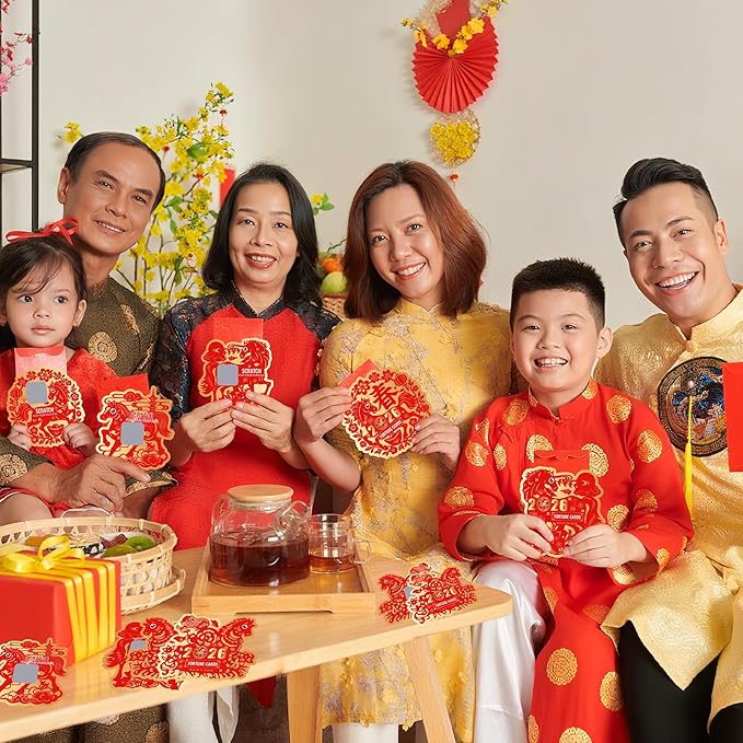 KYMY 2026 Chinese & Vietnamese New Year Scratch Cards – 64PCS Spring Festival Scratch Off Fortune Cards, Zodiac Horse Year Red Lucky Cards for Lunar New Year Party Decorations