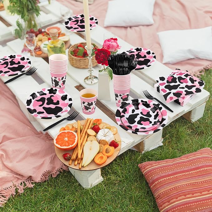 Kochorie 144 Pieces Pink Cow Print Party Tableware Sets Including Disposable Plates Napkins Cups Forks Serves 24 for Cow Theme Farm Animal Party Supplies