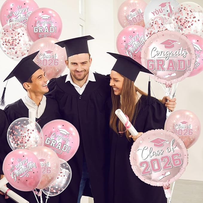 Pink and Rose Gold Graduation Balloons Graduation Decorations 2026, 51Pcs Grad Latex Balloons and Grad Foil Balloon with Confetti Ribbons Grad Party Decorations for College High School