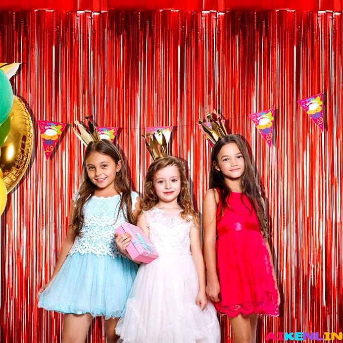4 Pack 3.3Ft x 6.6Ft Red Foil Fringe Curtain Backdrop, Metallic Tinsel Foil Fringe Streamers Curtains Background for Photo Booth, Birthday, Wedding, Halloween, Christmas Party Decoration