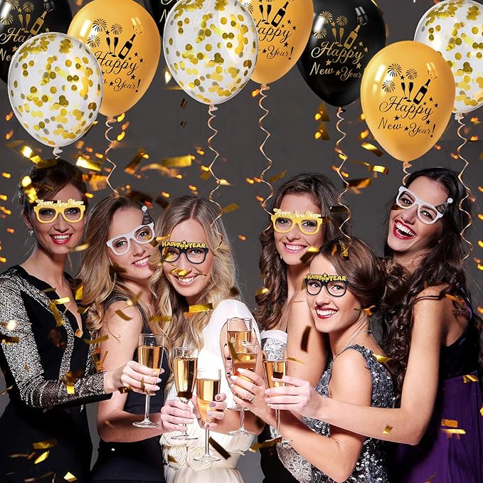 TUPARKA 57 Pcs 2026 New Years Eve Party Supplies Includes Paper Happy New Year Glasses，Party Blowouts Blowers Noisemakers and Black Gold Balloons，New Year Decorations NYE Party Supplies