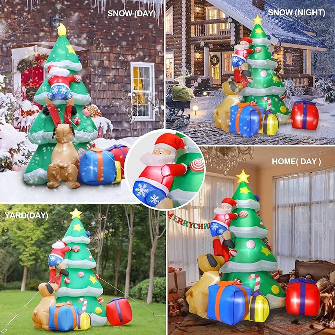 7FT Christmas Inflatable Tree Giant with Dog Bite Santa Claus 3 Wrapped Gift Boxes, Bright LED Lights Christmas Outdoor Decorations Blow Up Decor for Xmas Indoor Party Yard Patio Garden Lawn