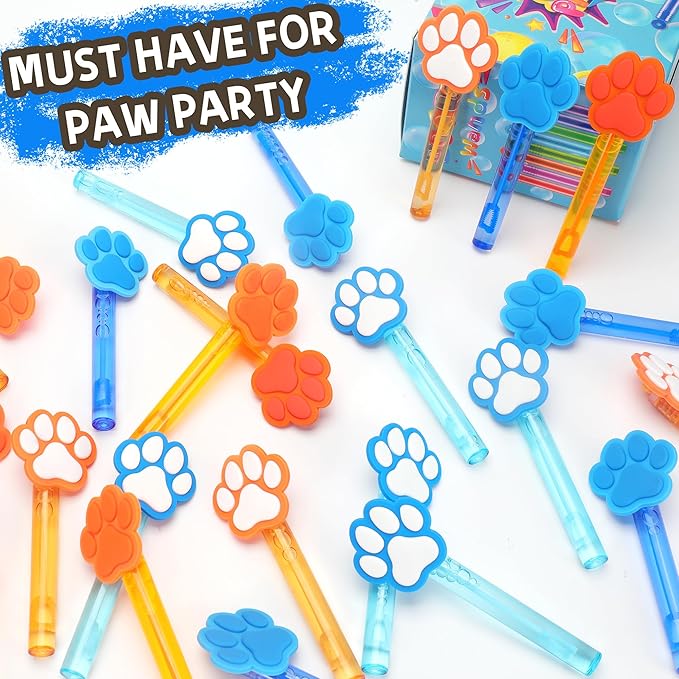 24Pcs Blue Orange Dog Paw Bubble Wands for Kids Paw Party Favors Supplies Decorations, Pinata Goodie Bag Stuffers & Classroom Prizes