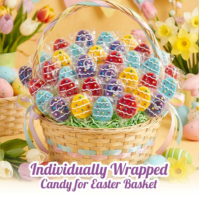 Easter Eggs Lollipops with Natural Colors – 24 Count, Individually Wrapped Candy Pops, Egg Shaped Lollipops For Baskets, Egg Hunt Party Favors, Easter Classroom Treats, And Spring Candy For Kids.