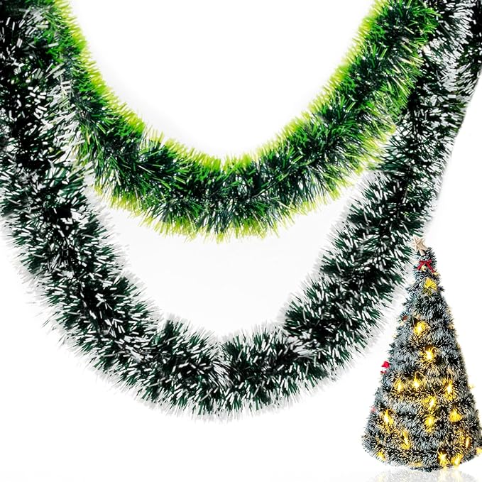 32.8FT RAINFLOW White Green Christmas Garland - Christmas Tinsel Garland Decorations for Xmas Tree Fireplace Mantel Stairs Railing Winter Theme Party Wedding Supplies Indoor Outdoor Holiday Decor