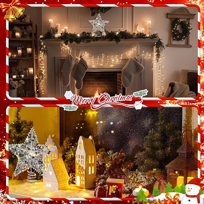 Black and White Christmas Tree Topper 8.3" Star Tree Topper Lighted Christmas Decor 3D Star Treetop LED Battery Light Spooky Xmas Ornament for Holiday Party Nightmare Indoor Outdoor Home Decor