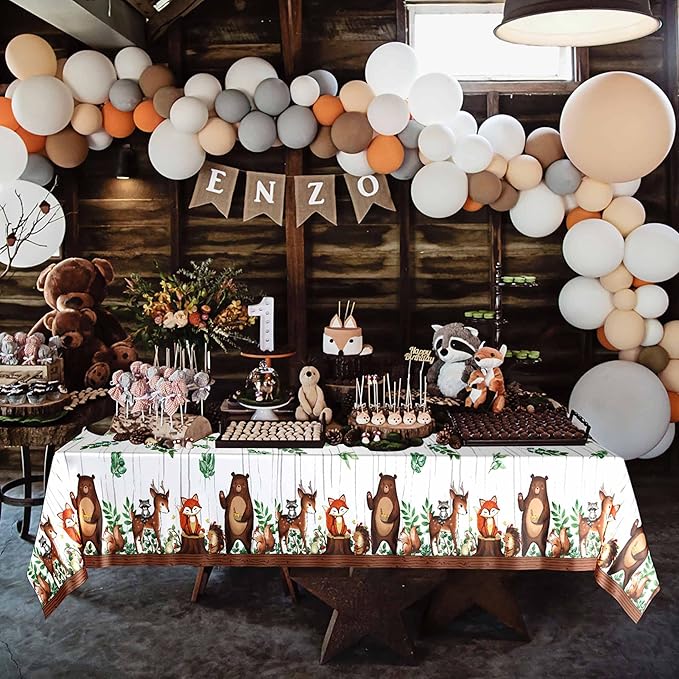 TREWAVE Woodland Animals Plastic Tablecloth Forest Wild Creatures Baby Shower Table Covers for Boy Girl Birthday Table Decoration Neutral Gender Reveal Decor Friendship Themed Party Supply 54" x 108"