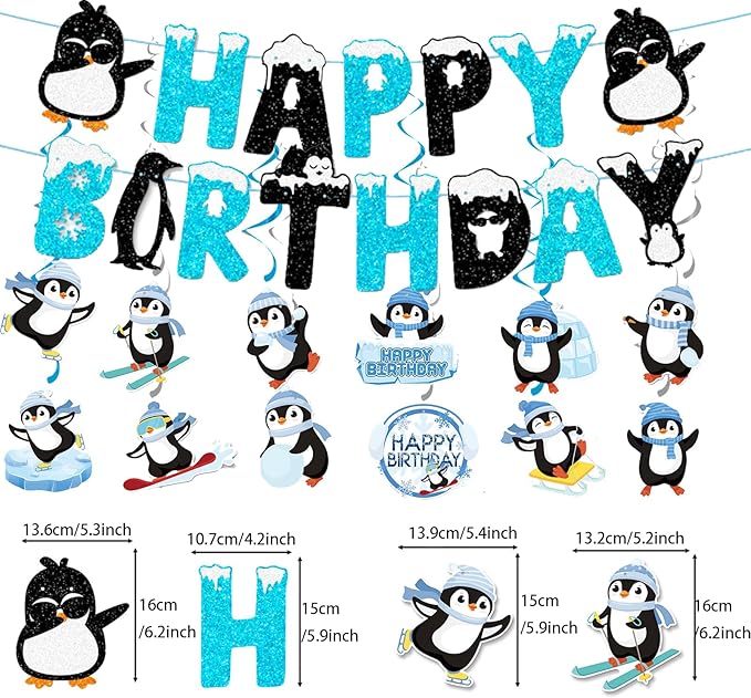 Zwiebeco Black Blue White Penguin Happy Birthday Banner Bunting Hanging Paper Swirls Garland Party Decorations for Baby Shower Winter Themed Boys Girls Bday Decor Accessories Supplies