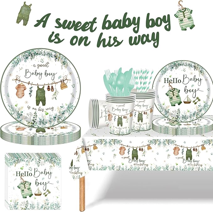 Baby Boy Shower Party Decorations – 194 PCS A Sweet Boy Is On His Way Party Supplies for 24 Guests, Includes Plates, Cups, Napkins, Cutlery, Banner & Tablecloth