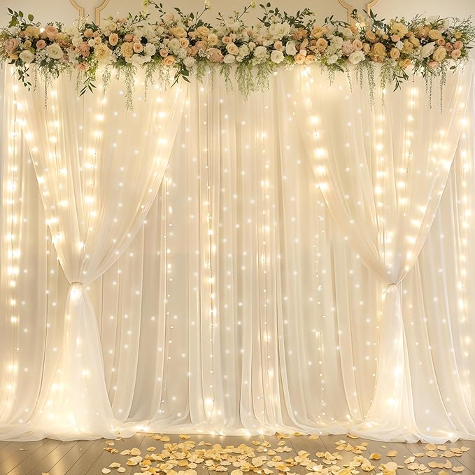 10x10ft Ivory Chiffon Backdrop Curtain with Lights String for Wedding Sheer Tulle Curtain Photo Backdrops Drapes for Baby Shower Birthday Party Home Ceremony Decorations