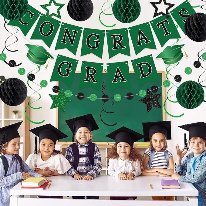 Green and Black Congrats Grad Banner 2026 Graduation Decorations with Hanging Swirl Honeycomb Ball Circle Garland Grad Party Favor Supplies for College Senior High School Classroom Decor