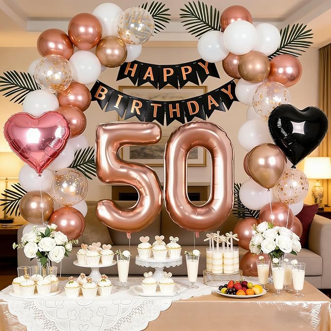 50th Birthday Decorations for Women - Rose Gold, Black and Hot Pink Party Supplies Set with Happy 50th Banner, Number 50 Balloons and Foil Fringe Curtains - 50 Year Old Celebration Kit