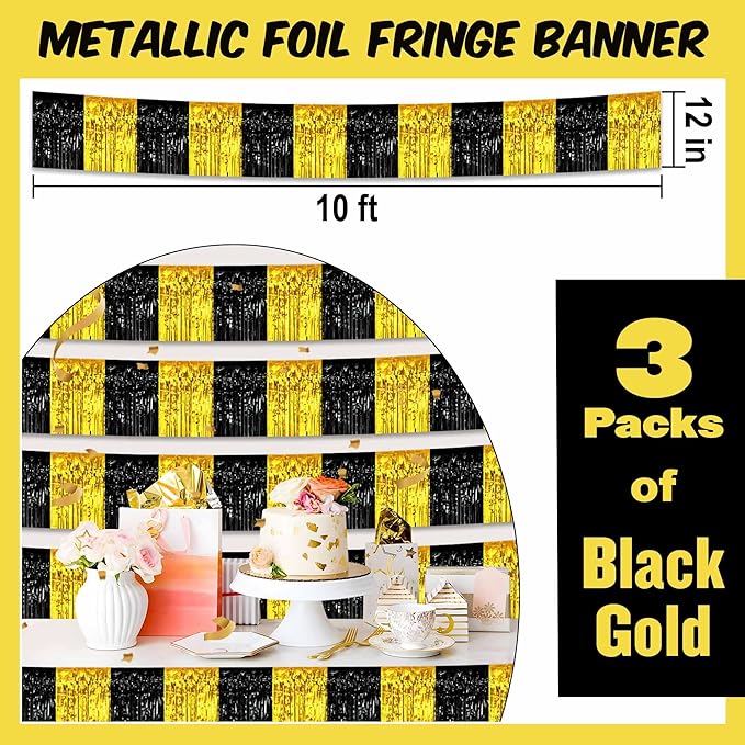 3 Pack 10 Ft Black and Gold Foil Fringe Garland Metallic Streamers Tinsel Banner Wall Hanging Garland Backdrop for Parade Floats, Halloween, Christmas, Thanksgiving, New Year Party Decorations