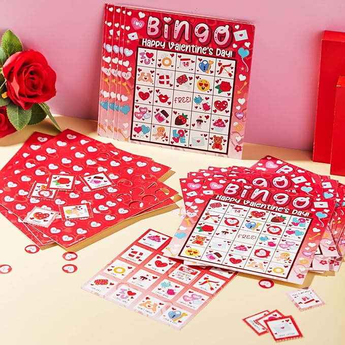 JOYIN 28 Players Valentine's Day Bingo Card for Kids and Adults, for Family/School Classroom Large Group, Party, Treats, Game