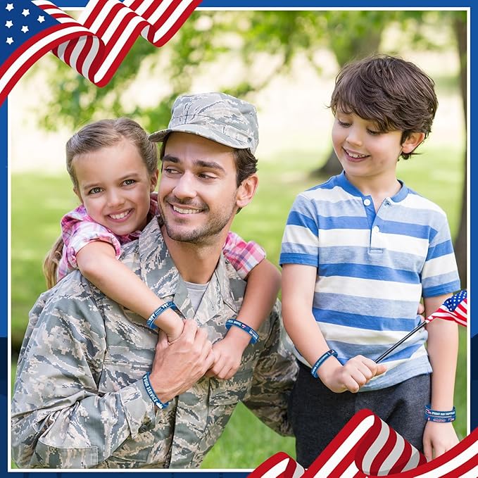 JUNEBRUSHS 42pcs Veterans Silicone Wristband Bulk, American Flag Inspirational Rubber Bracelets for Veteran Memorial Day Inspirational Favor Charity Campaign Supplies