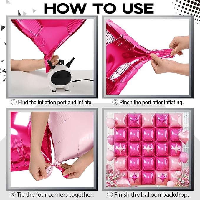 32PCS Hot Pink Square Foil Balloon Wall Double Sided, Metallic Bright Pink and Light Pink with Star Balloons Backdrop Flat Tunnel Foil Magenta Background for Girls Women Princess Birthdays Baby Shower
