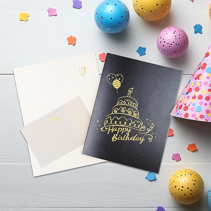 Chocolate-Colored Gilded Cake Music Playing Pop Up Happy Birthday Greeting Card with LED Light, Love Gift for Adult and Kid with Blank Note & Envelope, Celebration for Daughter, Son, Mom, Dad