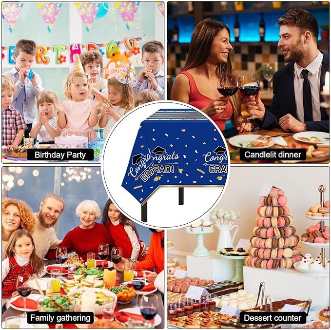 Childom 3 Pack Graduation Tablecloth,Graduation Decorations Class of 2026 Graduation Party Decorations,54"x108" Blue and Gold Plastic Table Cloth Disposable Rectangle for Home,School,Party Supplies