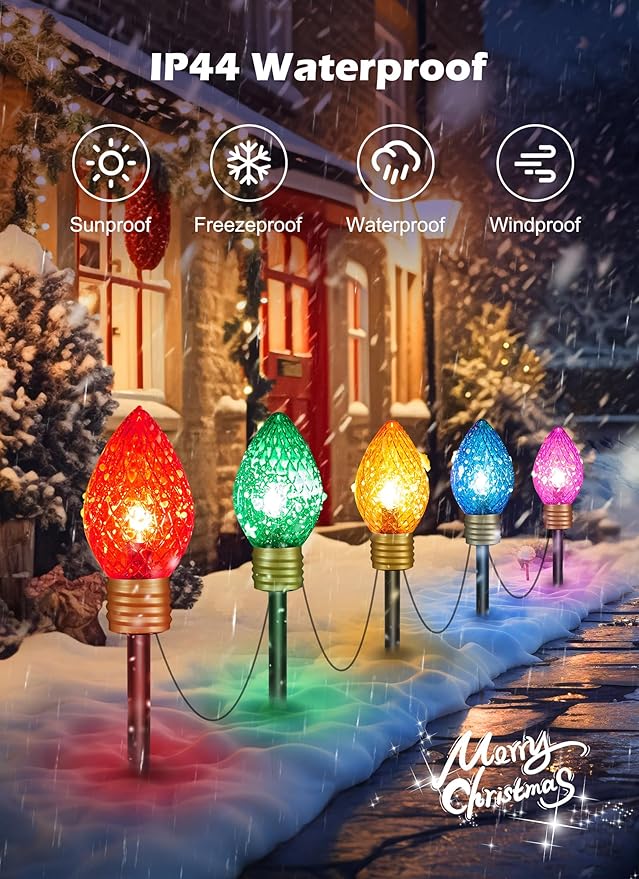 Strawberry Jumbo Lights C9 Christmas Pathway Lights Outdoor - 2 Pack 10.5 Feet 5 Lights C9 Walkway Lights, C7 Lights Covered Jumbo Multicolor Light Bulb Outdoor Decorations for Lawn Garden Outside