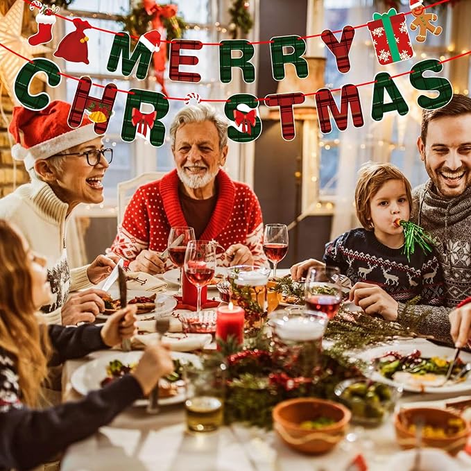 Merry Christmas Banner- Xmas Banners Bunting with Gingerbread Socks Signs, Red Green Paper Hanging Banner Felt Garland for Christmas Outdoor Indoor Home Mantle Fireplace Decor and Party Decorations