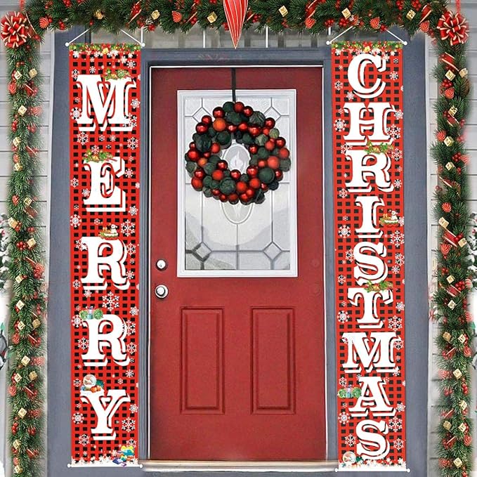 FECEDY Merry Christmas Hanging Banner Porch Sign with Pattern Christmas Tree Presents Snow Banner for Home Yard Indoor Outdoor Wall Door Christmas Party Decorations 72"x12"