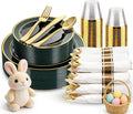 175PCS Green Plastic Plates - Green and Gold Disposable Plates 25Guests Plastic Plates with Rolled Napkins for Birthday/St. Patrick's Day/Easter