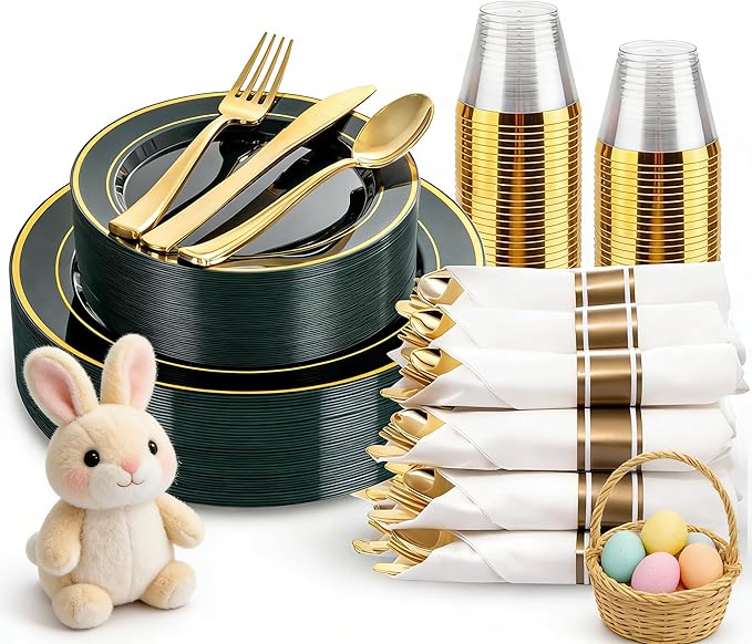 175PCS Green Plastic Plates - Green and Gold Disposable Plates 25Guests Plastic Plates with Rolled Napkins for Birthday/St. Patrick's Day/Easter