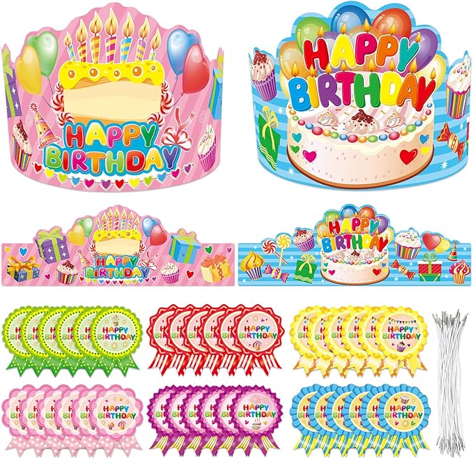 WorldBazaar Birthday Crowns for Kids Classroom 36 Pack Happy Birthday Hats with Badge Stickers Teacher Classroom School Family VBS Party Supplies