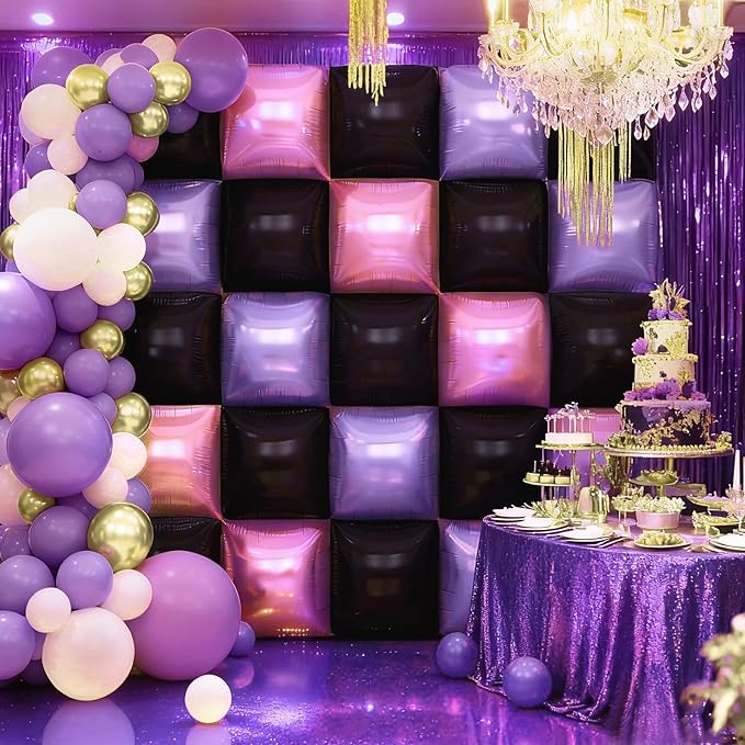 Pink and Purple Black Square Foil Balloons Wall, 19'' Reusable DIY Mylar Double Balloons Garland Tunnel Arch Kit for Baby Shower Anniversary Bachelorette Birthday Engagement Bridal Decor ﻿
