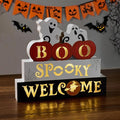 WBao Halloween Decorations Indoor 9.4inch Premium Wooden Block Set with Glowing 3D Letters, Timer, Battery Powered Rustic Farmhouse Centerpiece for Home, Table, Mantel, Shelf Halloween Party Decor