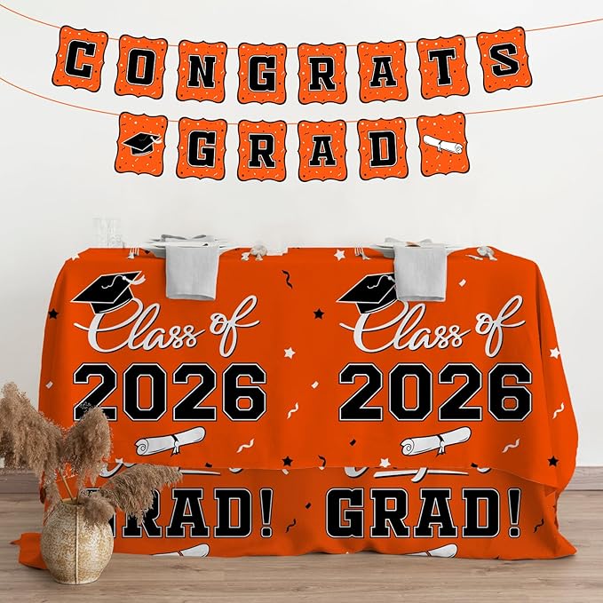 Gatherfun 2026 Graduation Decorations : 2-Pack Congrats Grad Disposable Tablecovers - Class of 2026 Orange Themed Table Cloths, for Graduation Party Supplies & Graduation Backdrop, 54" X 108"