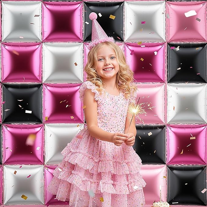 36 Pcs Black Pink Decorations Balloons Brick Square Foil Balloon Wall Backdrop Arch Kit Double Sided Metallic for Cartoon Video Game Birthday Party Supplies (Black Pink Silver)
