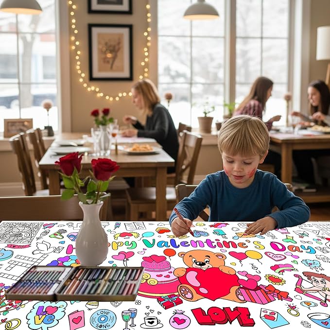 Valentine's Day Giant Coloring Poster,30x72 Inch Drawing Paper oloring Table Cloth,DIY Valentines Day Jumbo Activity Tablecloth Coloring Banner for Kids Art Home School Party Games Suppiles