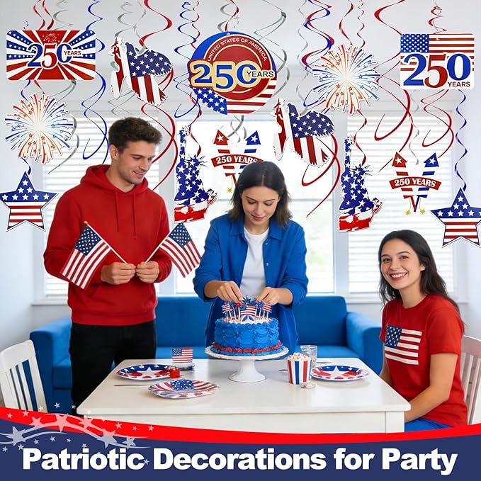 TURNMEON 30 Pcs USA 250th Anniversary 4th of July Decorations Fourth of July Party Supplies Red White Blue Decorations American Flag Stars Hanging Swirls Patriotic Party Favors Independence Day Decor