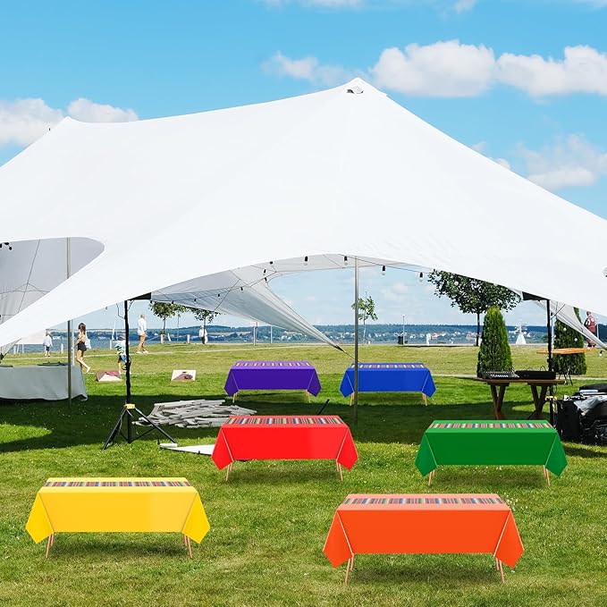 Oudain 6 Pcs Fiesta Tablecloth 108 x 54 Inch Plastic Tablecover Waterproof Mexican Tablecloth Mexican Striped Table Cover for Taco Night Festive Fiesta Wedding (Elegant Colors)