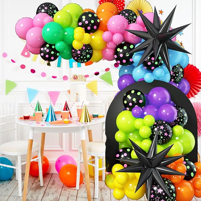 Rainbow Balloon Arch Garland Kit, 137pcs Colorful Balloons whit Rainbow Star Dot Glow Dark Balloons for Dark Party Let's Glow Birthday Wedding Back to 80s 90s Disco Rock Roll Party Decoration