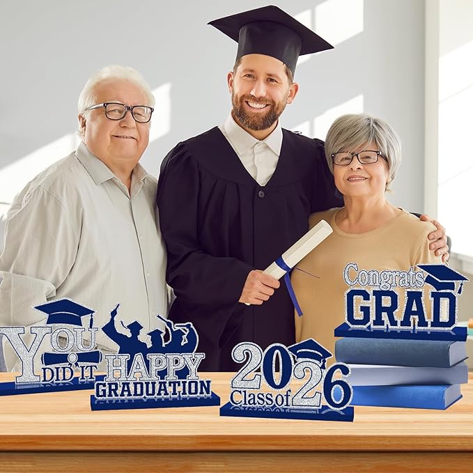 4Pcs Graduation Decorations Class of 2026 Wood Table Centerpieces Congrats Grad Wooden Sign Graduation Table Toppers Congratulate Tiered Tray Decor for 2026 Graduation Party(Navy Blue-Silver)