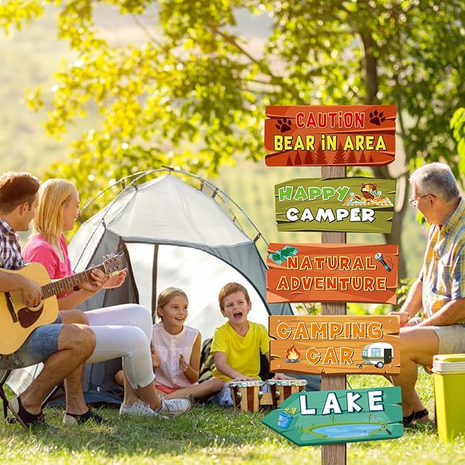 Hooqict 20 Pieces Camping Themed Party Decorations Camping Party Directional Signs for Summer Camp Decor Welcome to Camp Birthday Party Supplies Classroom Wall Door Porch Yard Sign