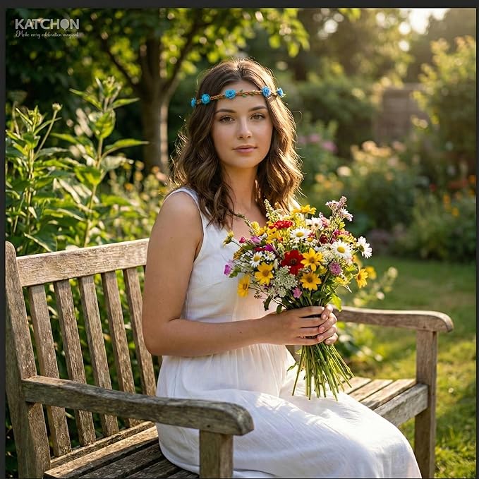 KatchOn, Multicolor Flower Headband- Pack of 6 | Rose Bohemian Flower Crown Headbands for Women and Girls | Bohemian Fairy Ribbon Hair Band for Wedding, Vacation, Fairy Party Photography Props