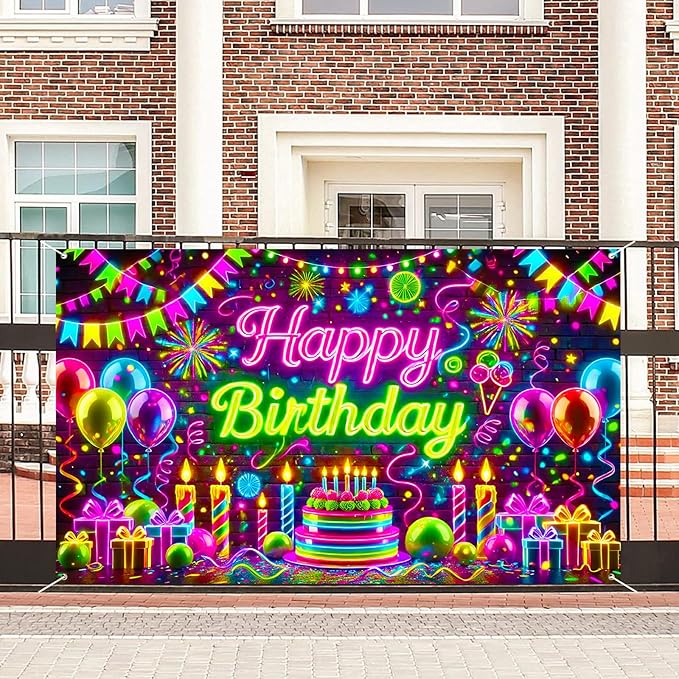 Nuxovilar Neon happy birthday banner - Graffiti Style Cake & Fireworks Backdrop, 71x43 Inch Vibrant Party Decorations for Teens, Urban Yard Sign, Reusable Brick Wall Background