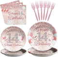 Grencian 96Pcs 14th Birthday Party Supplies Disposable Rose Gold 14 Year Old Birthday Plates Napkins Forks Tableware Set 14th Birthday Decorations for Girls Happy 14th Birthday Fabulous Party Serve 24