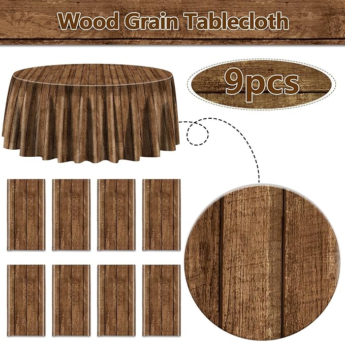 9 Pcs Wood Grain Tablecloths for Round Table Western Party Decorations Plastic Western Party Tablecover for Cowboy Party Decorations Little Cowboy Birthday Baby Shower Vintage Farmhouse, 84 x 84in (9)